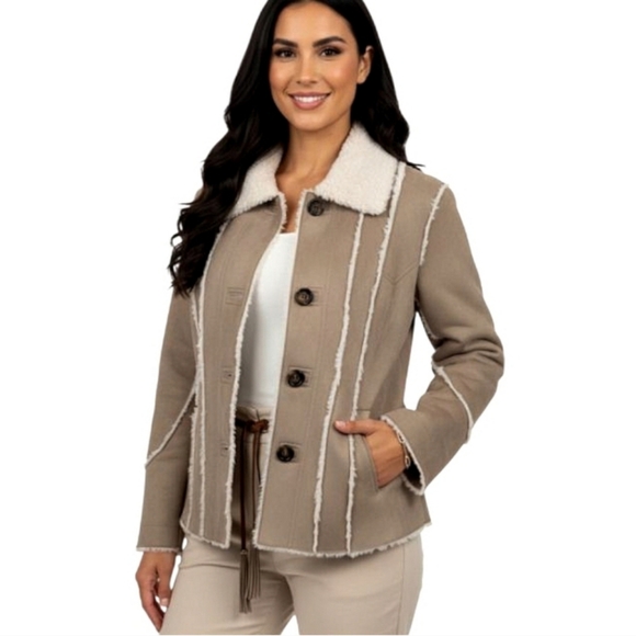Big Chill Jacket Tan Faux Fur Shearling Raw Trim Button Front Pockets - Picture 2 of 13